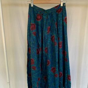 Vintage 80s Teal & Rose Floral Full Midi Skirt